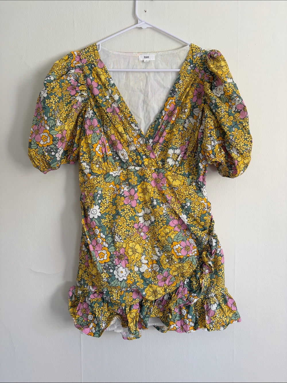 Floral Wrap Mini Dress with Puff Sleeves - Yellow